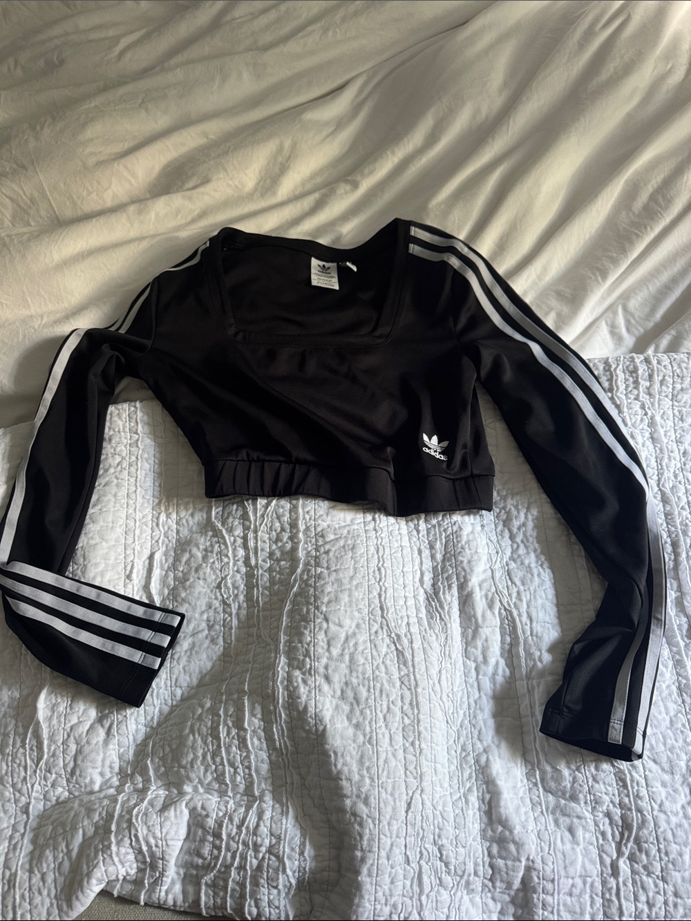 adidas Black Cropped Long Sleeve Top with White Stripes